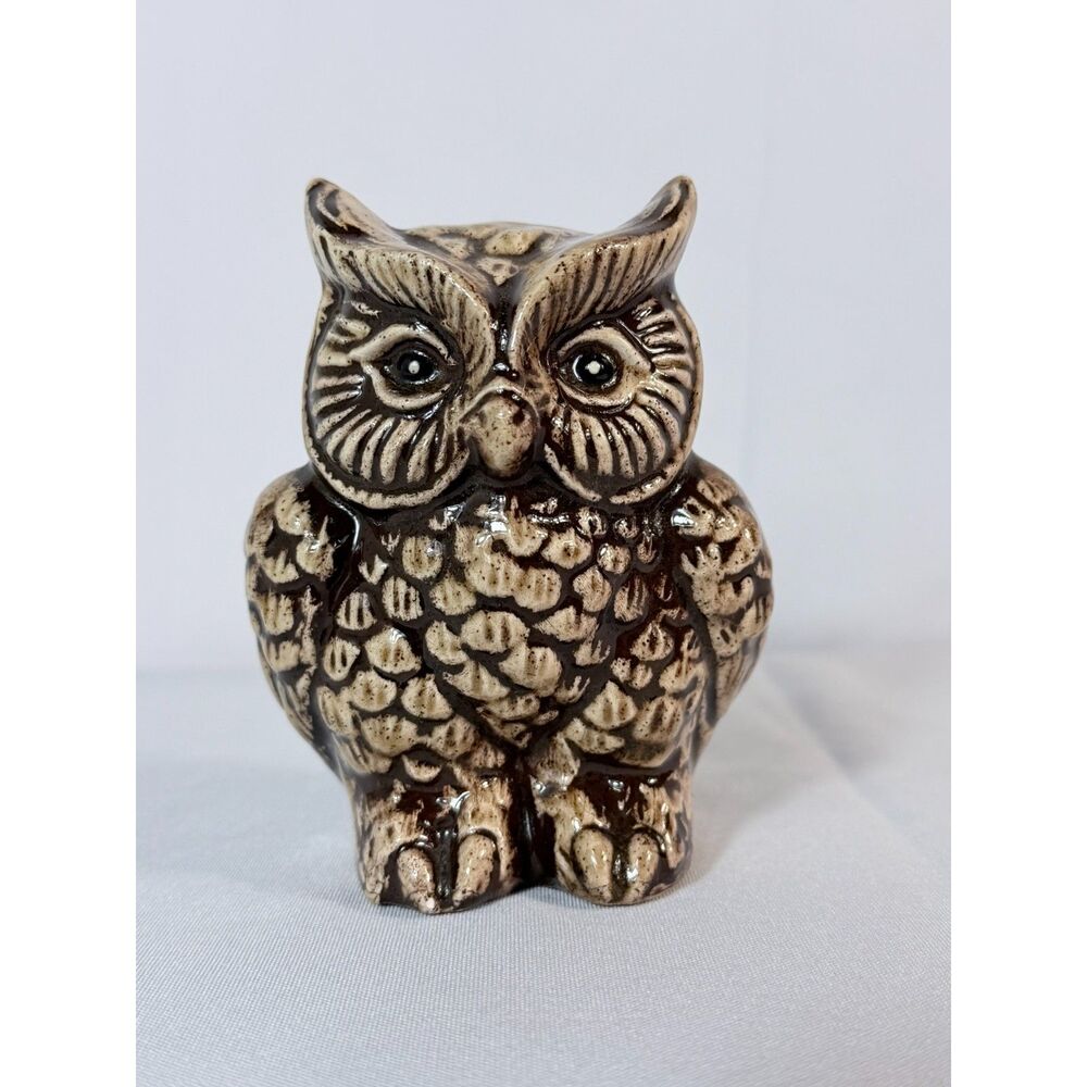 Vtg Owl Brown Figurine Tan Sitting Kitschy Big Eyes Hollow Woodland Forest 4"